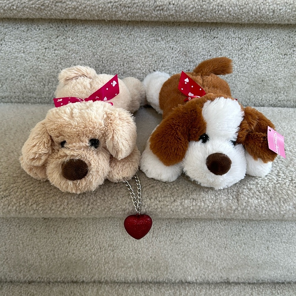2 Stuffed Love Puppies and Heart Necklace